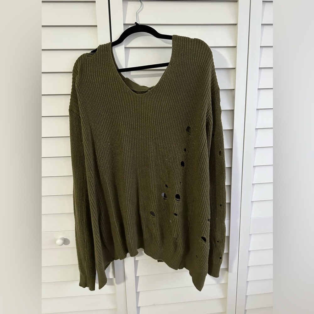 Dark Green Oversized Distressed Women's Sweater by Central Park West